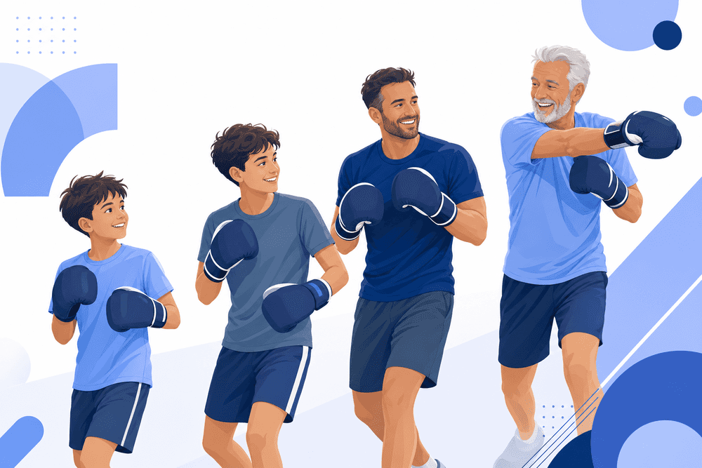 Quatre générations en tenue de boxe loisir illustrant à quel âge commencer la boxe, de l’enfant au senior, dans une ambiance conviviale.