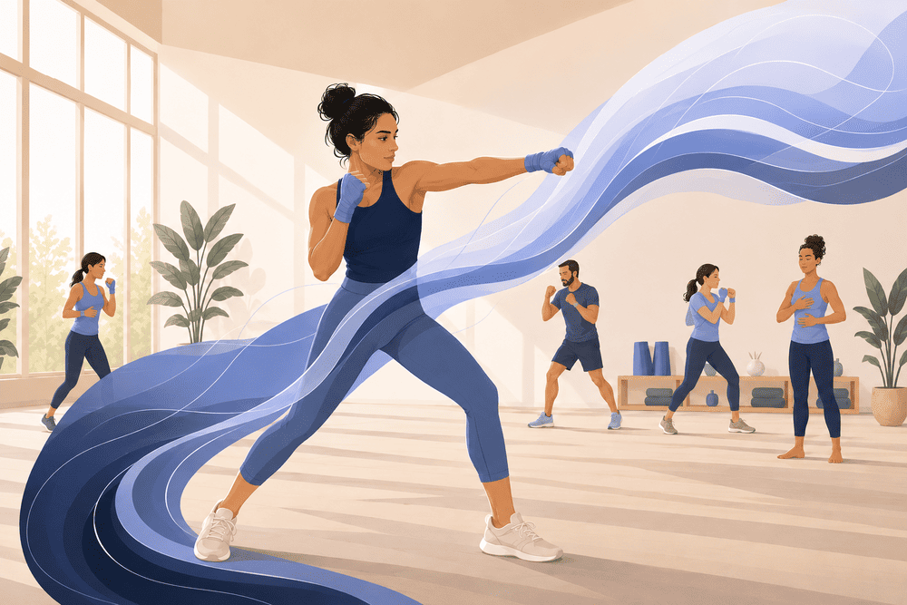 Femme boxant avec énergie en cours collectif, illustrant les bienfaits de la boxe sur le corps et l'esprit