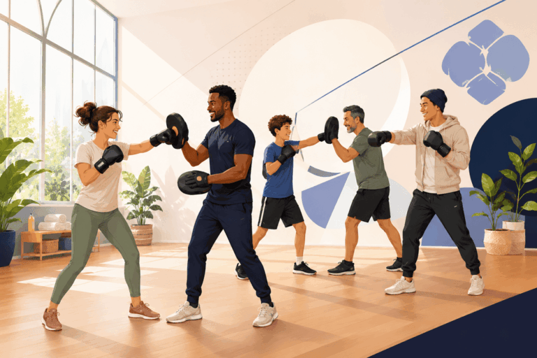Cours de boxe loisir en salle où plusieurs adultes s'entraînent aux gants avec leurs coachs aux pattes d'ours