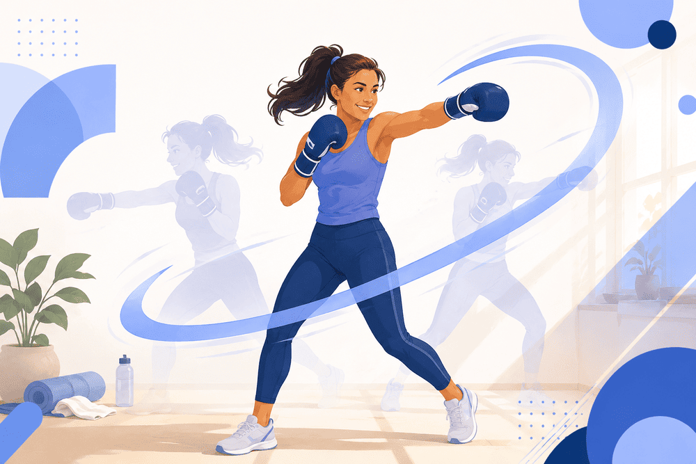 Femme gantée en plein mouvement de cardio boxing, enchaînant les coups avec énergie et le sourire