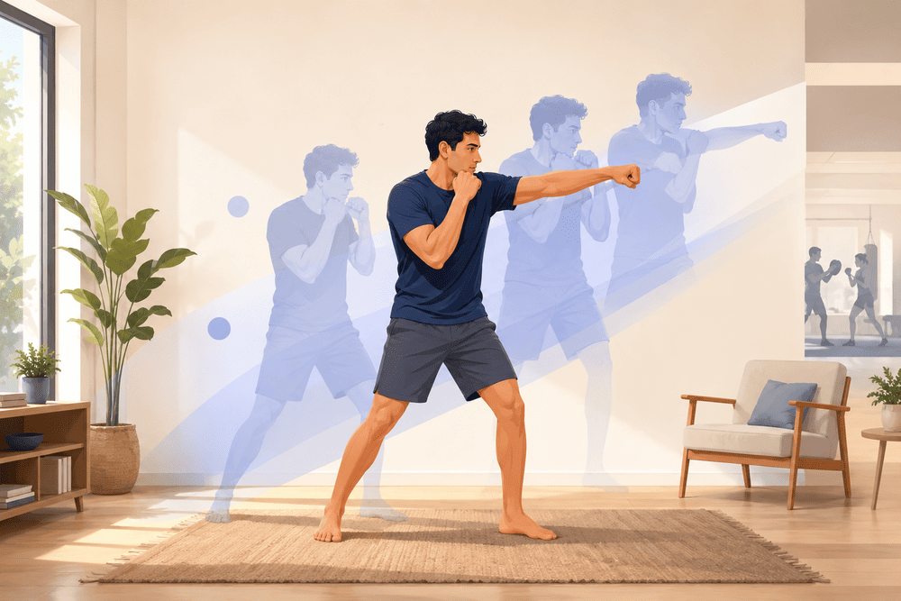 Homme pratiquant le shadow boxing chez lui, enchaînant des coups de poing dans le vide en position de garde
